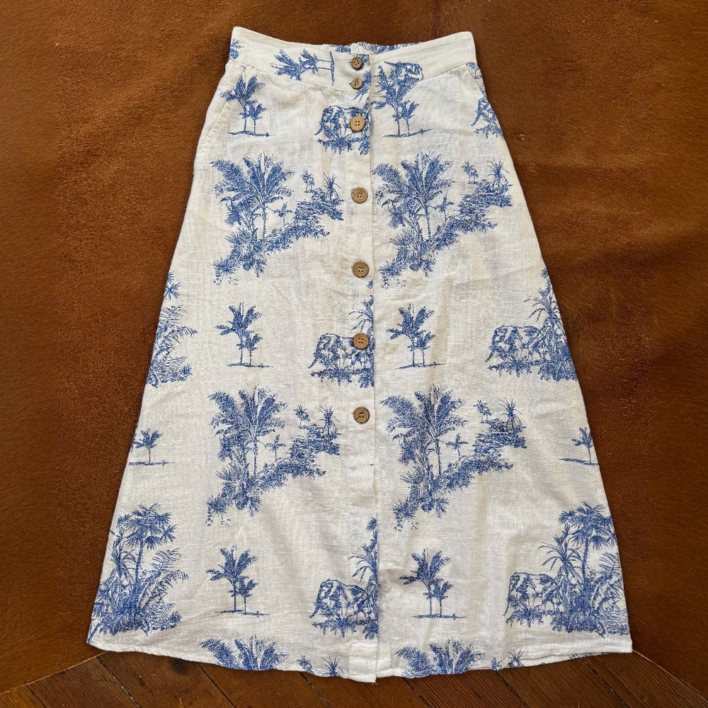 Mango Blue & White Tropical Print 100% Cotton Button Front Midi Skirt